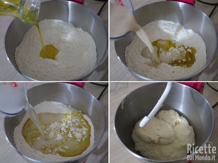 Aggiungere olio, acqua e impastare