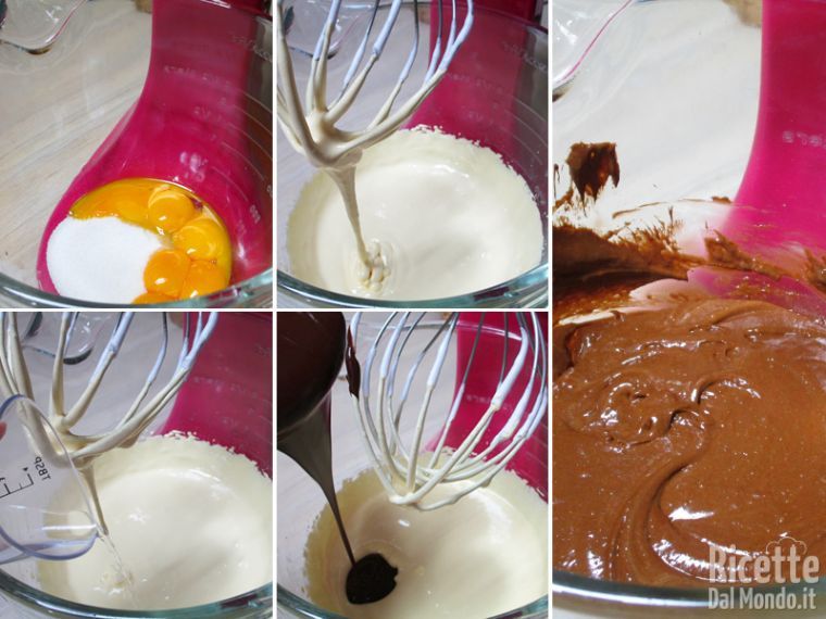 Montare le uova con lo zucchero e unire il cioccolato
