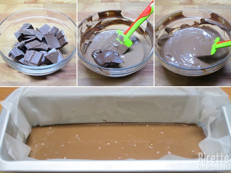 Fondere il cioccolato, unire la Nutella e formare il primo strato