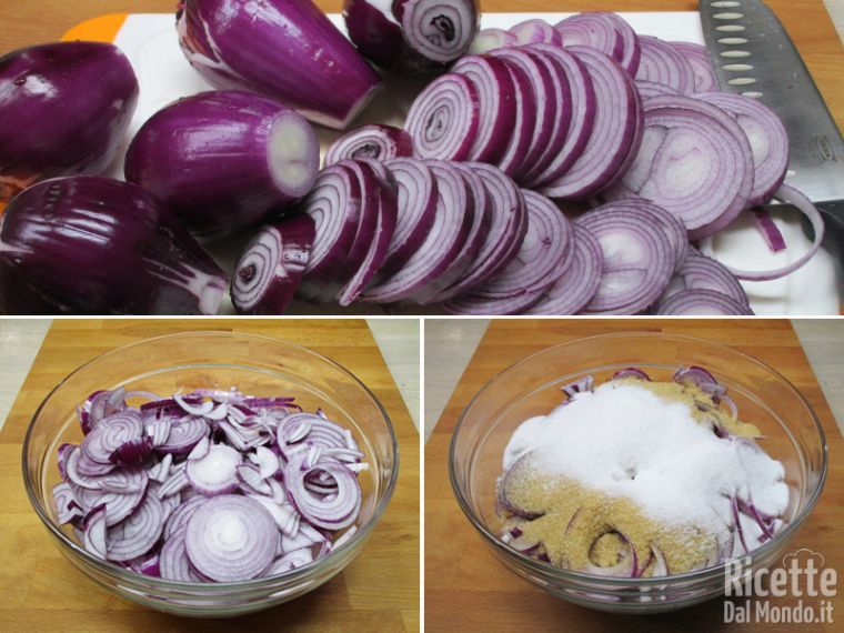 Tagliare le cipolle e unire lo zucchero