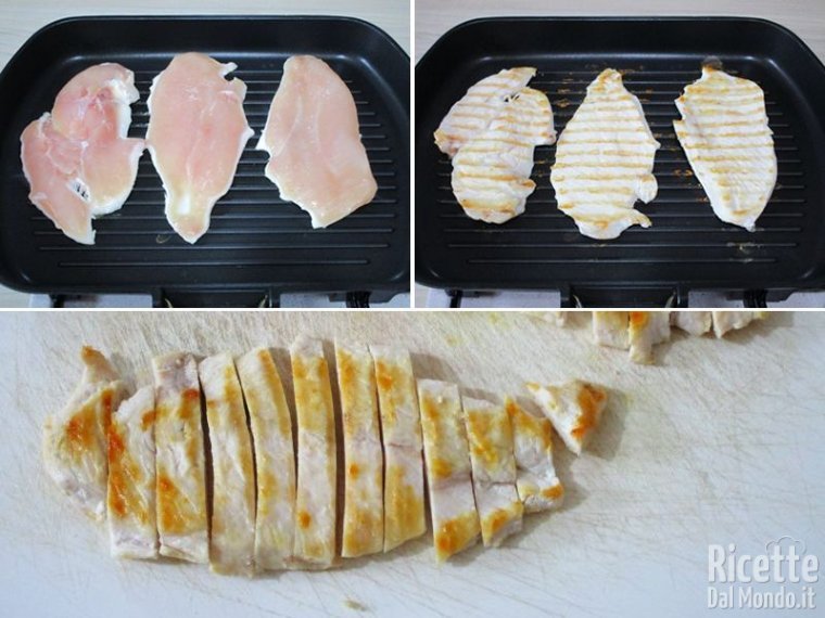 Cuocere le fettine di pollo e tagliarle a listarelle