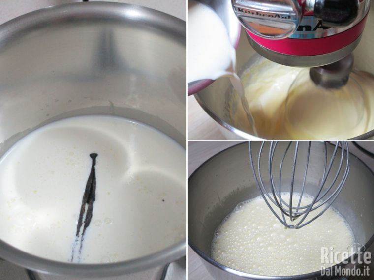 Riscaldare il latte e unirlo alla montata di uova