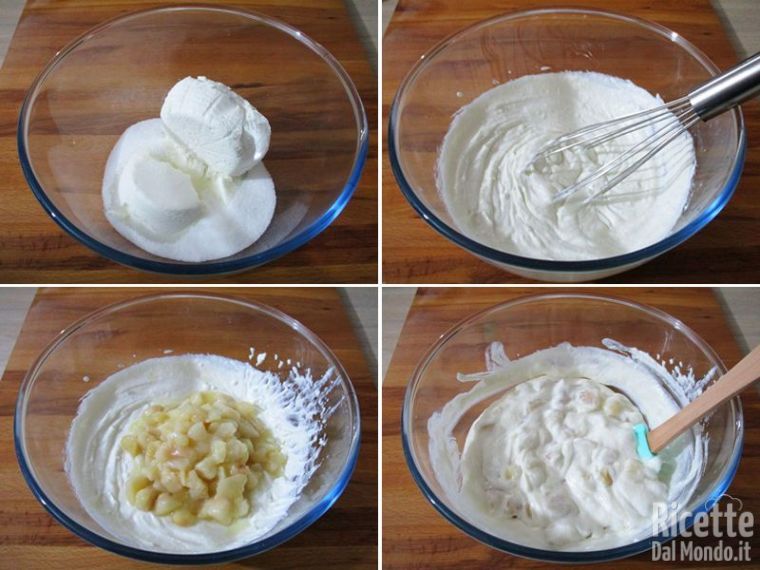 Unire le pere alla crema di ricotta e zucchero