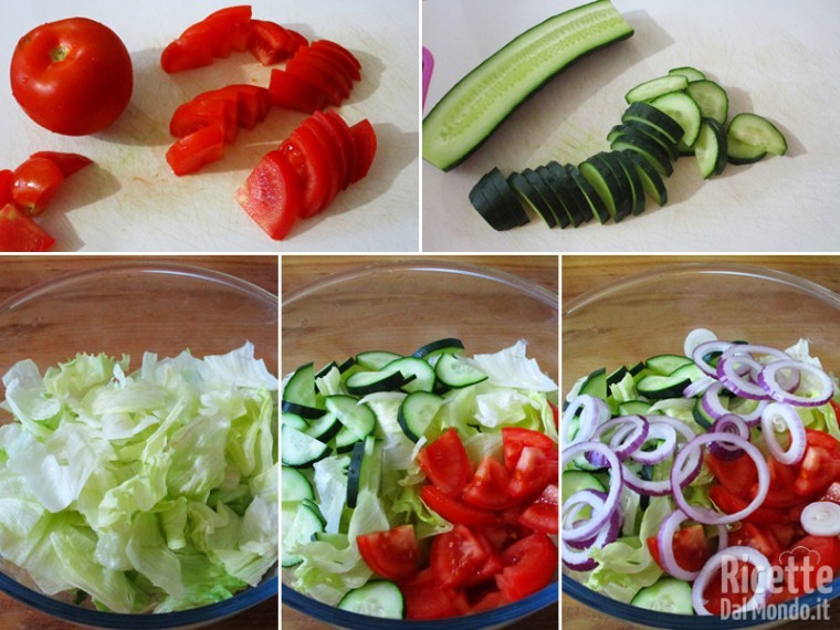 Iniziare a riunire gli ingredienti dell'insalata in una ciotola