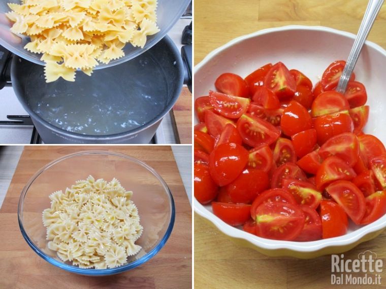 Cuocere la pasta e condire i pomodori
