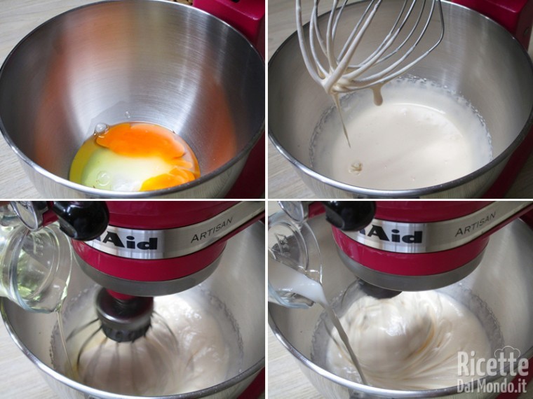 Iniziare a lavorare zucchero e tuorli, latte e olio