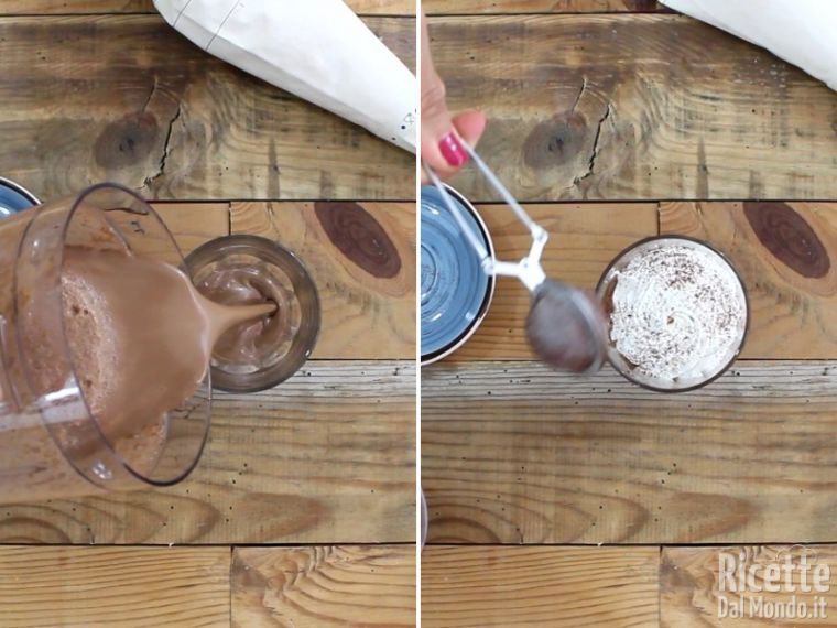 Versare il frappè nei bicchieri e aggiungere la panna