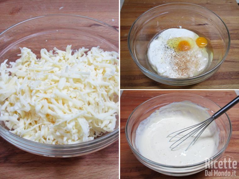Grattugiare il formaggio, preparare la crema di panna e uova
