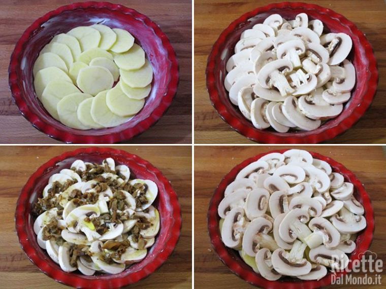 Riempire una teglia con funghi e patate