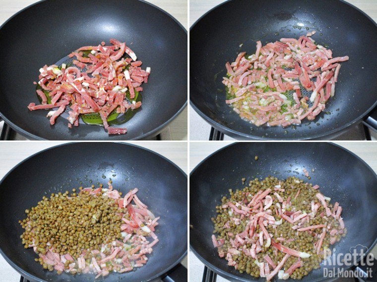 Scottare lo speck e aggiungere le lenticchie