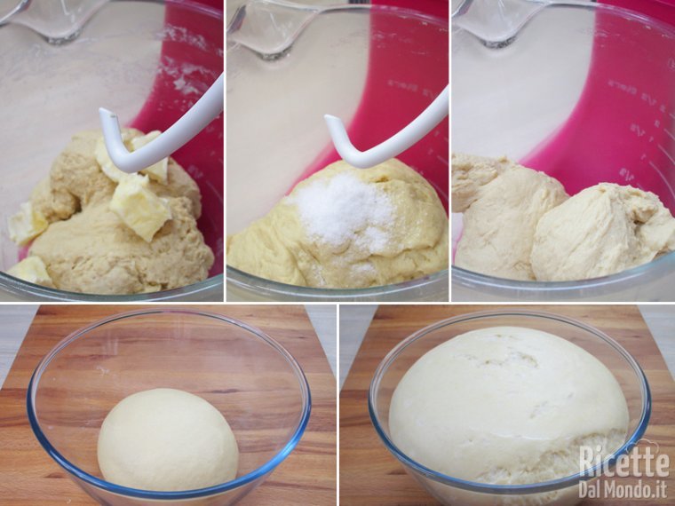 Lavorare aggiungendo burro e sale e lievitare l'impasto