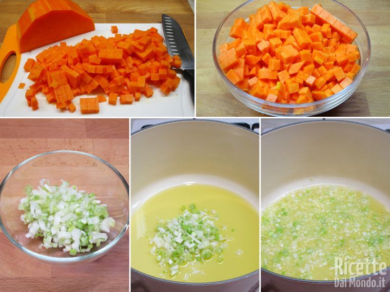Tagliare la zucca e rosolare il cipollotto