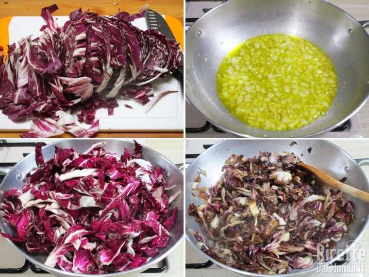 Pulire il radicchio e cuocerlo in padella