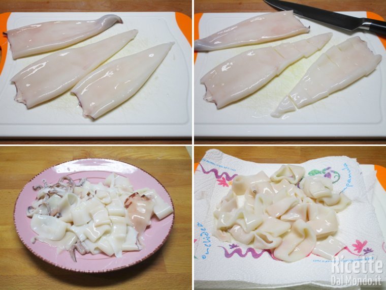 Pulire i calamari e tagliare gli anelli