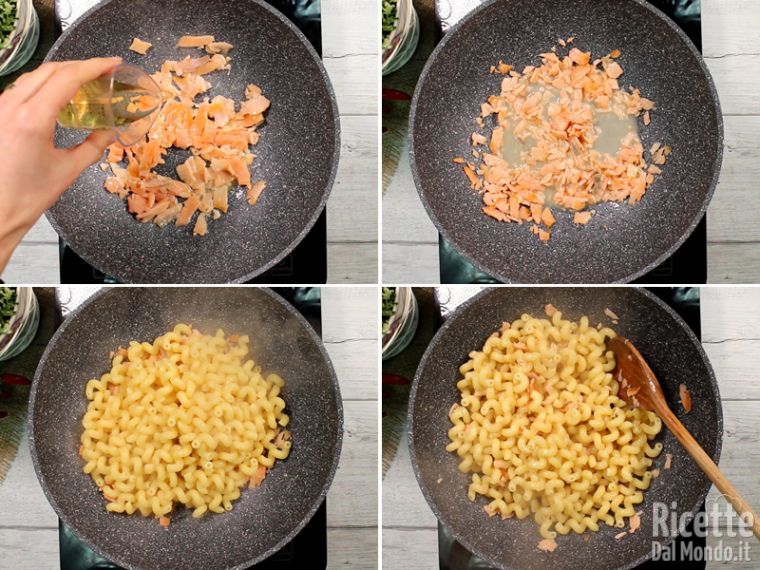 Sfumare con il Brandy, poi aggiungere la pasta e spadellare