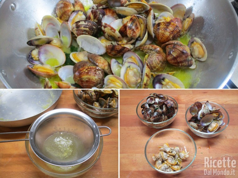 Filtrate il fondo di cottura e aprire metà delle vongole