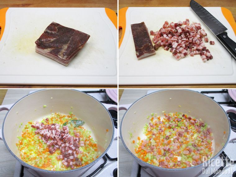 Unire la pancetta e rosolarla con le verdure