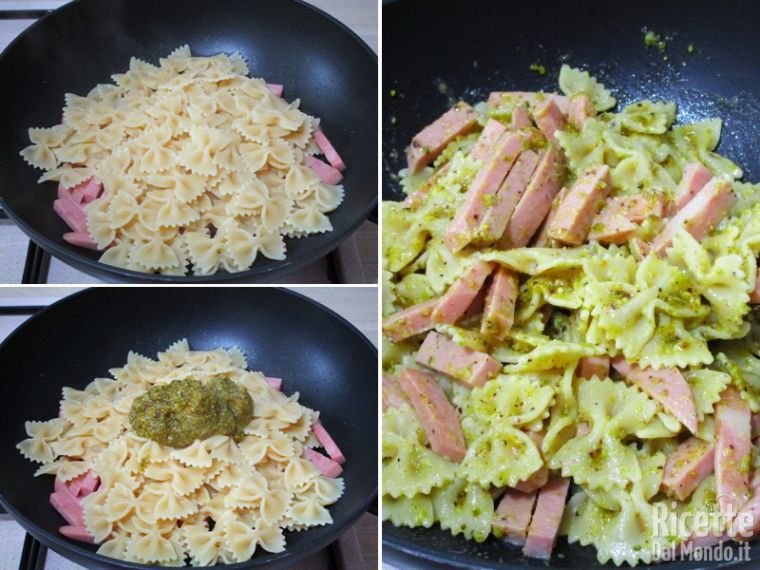 Cuocere la pasta aggiungendo mortadella e pesto