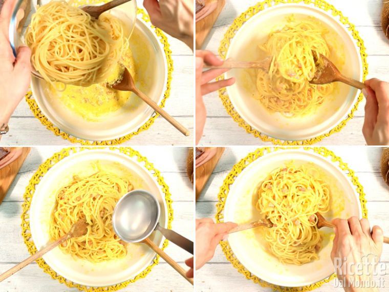 Unite gli spaghetti e poca acqua di cottura della pasta