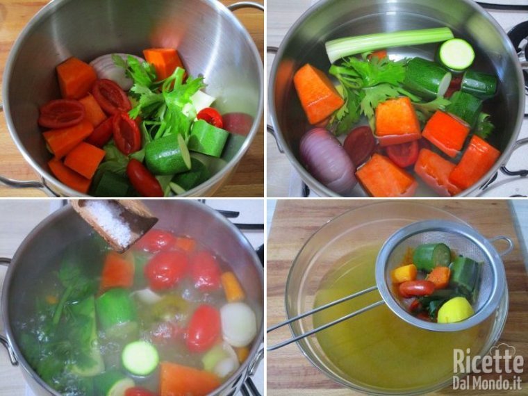 Far bollire le verdure e filtrare il brodo