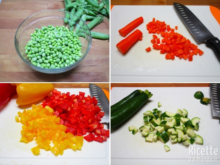 Pulire e tagliare le verdure a cubetti piccoli