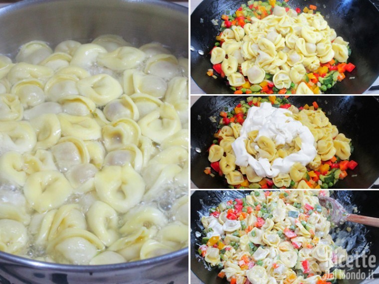 Cuocere i tortellini e unirli al condimento