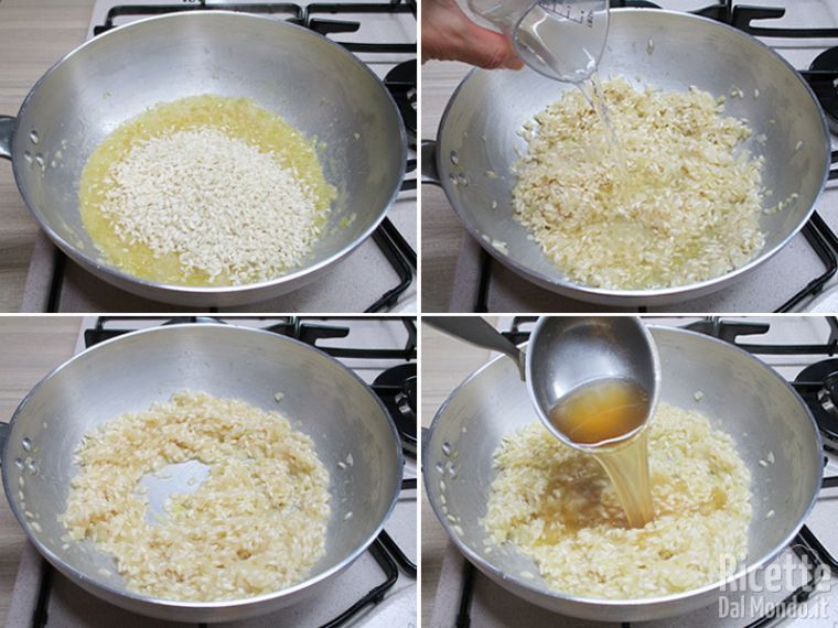 Tostare il riso e cuocerlo con il brodo bollente