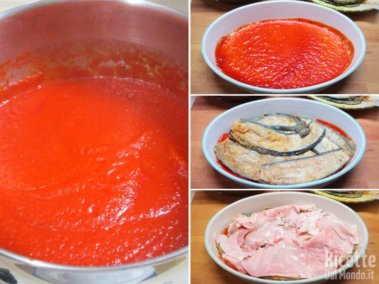 Assemblare le melanzane con prosciutto e mozzarella