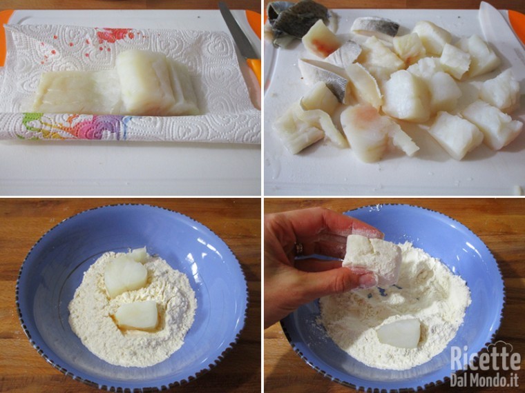 Tagliare il baccalà e infarinarlo