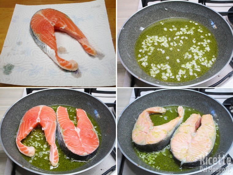 Sciacquare i tranci di salmone e rosolarli 2 minuti per lato