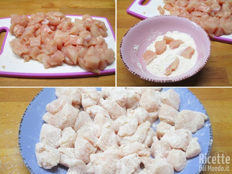 Tagliare e infarinare i bocconcini di pollo