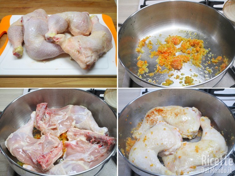 Rosolare il soffritto e poi i pezzi di pollo