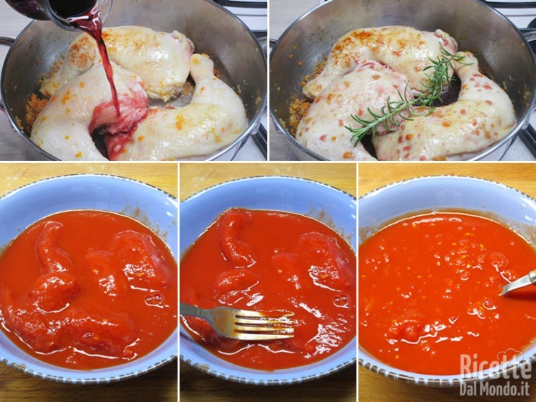 Sfumare con il vino e schiacciare i pomodori pelati