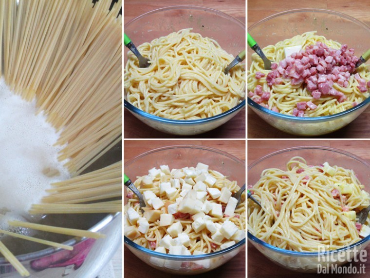 Unire gli spaghetti, la pancetta e la scamorza