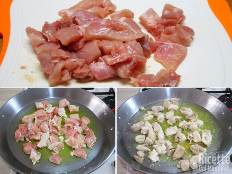 Tagliare la carne a cubetti e rosolarla in padella
