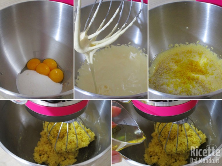 Lavorare tuorli, zucchero, semolino, mandorle e olio