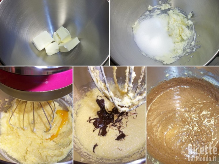 Lavorare zucchero, burro, uova e cioccolato