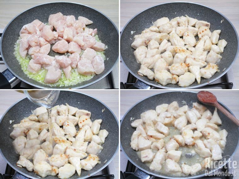 Rosolare i cubetti di pollo e cuocerli con il vino bianco