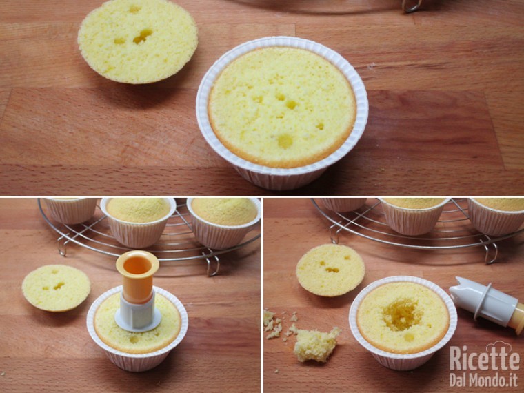 Tagliare la calotta superiore e forare i muffin creando una cavità