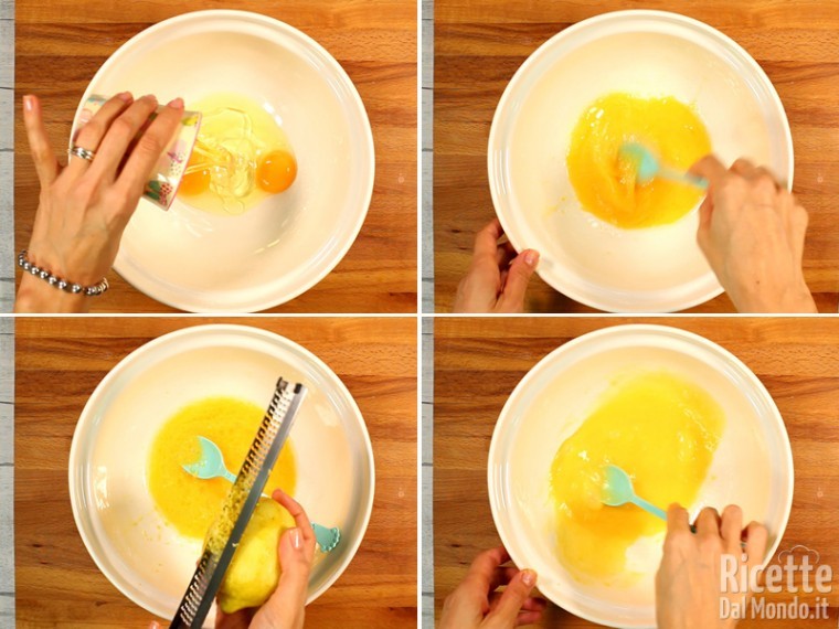 Lavorare uova, olio e scorza di limone