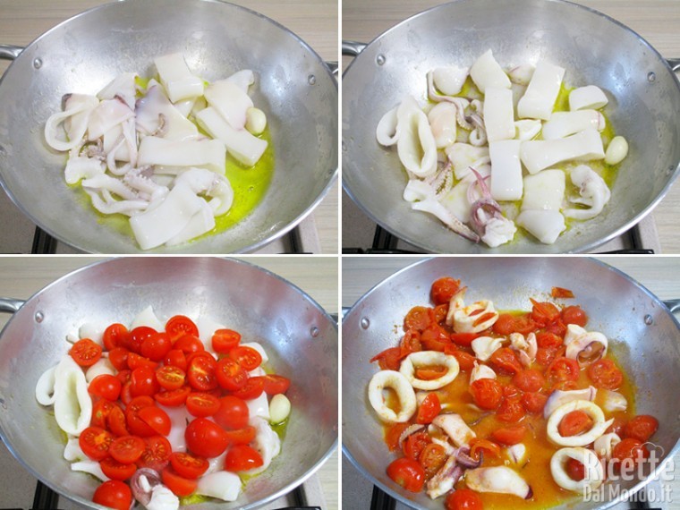 Cuocere calamari e pomodorini