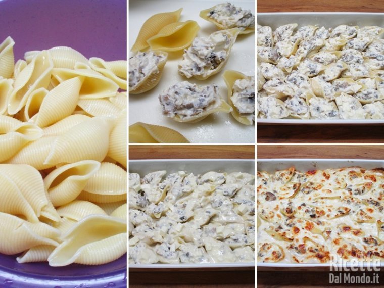 Farcire i conchiglioni e cuocerli in forno caldo