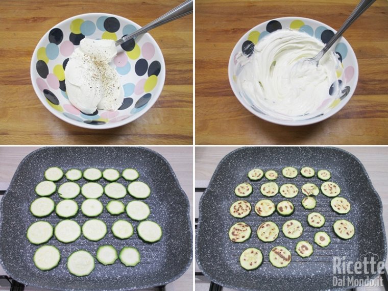Preparare la crema al formaggio e grigliare le zucchine