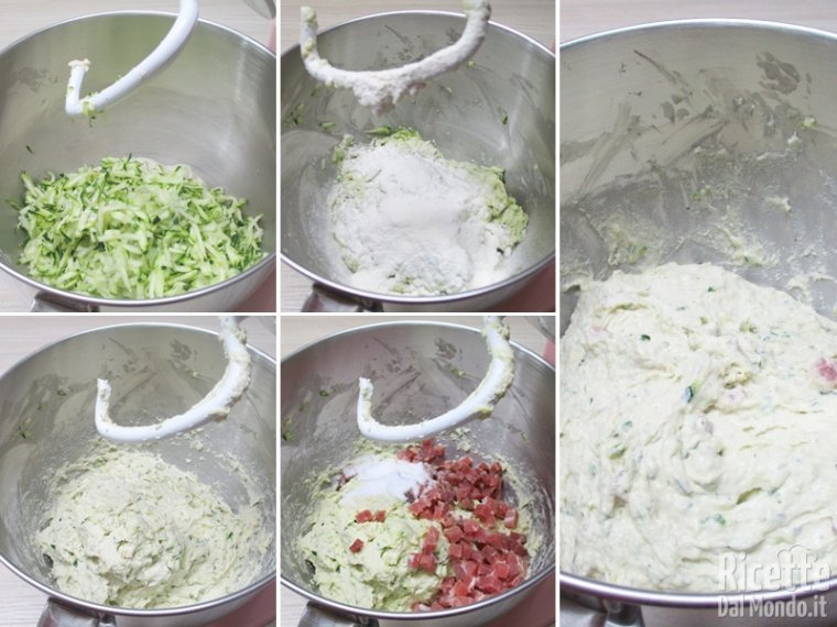 Incorporare zucchine e speck all'impasto