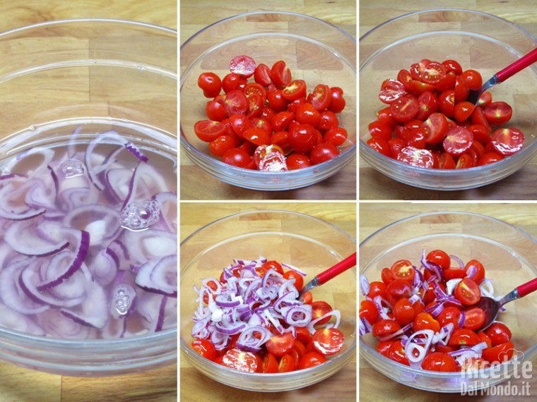 Preparate l'insalata di pomodori con le cipolle