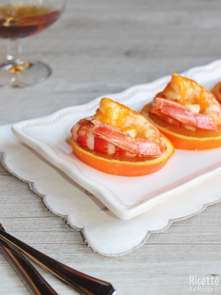 Gamberoni all'arancia e brandy