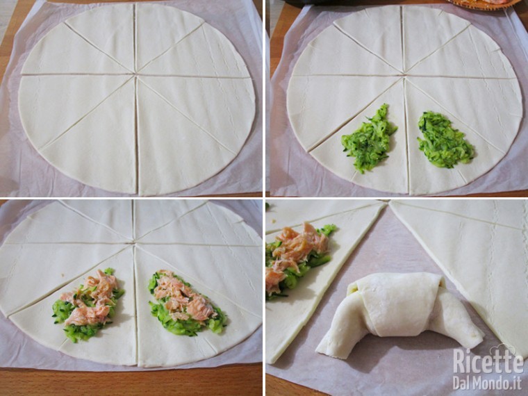 Ritagliare la pasta sfoglia e farcire i cornetti
