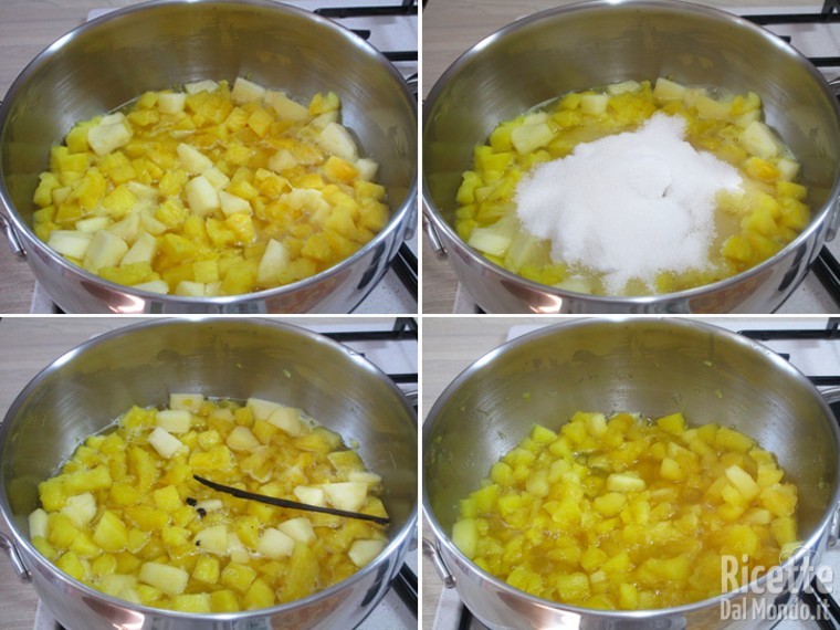 Unire lo zucchero, la vaniglia e cuocere la frutta