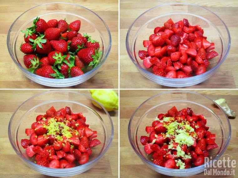 Lavare le fragole e tagliarle a pezzi