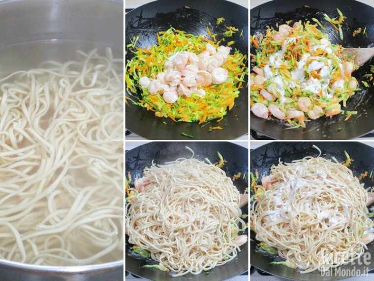Cuocere i noodles e unirli al condimento